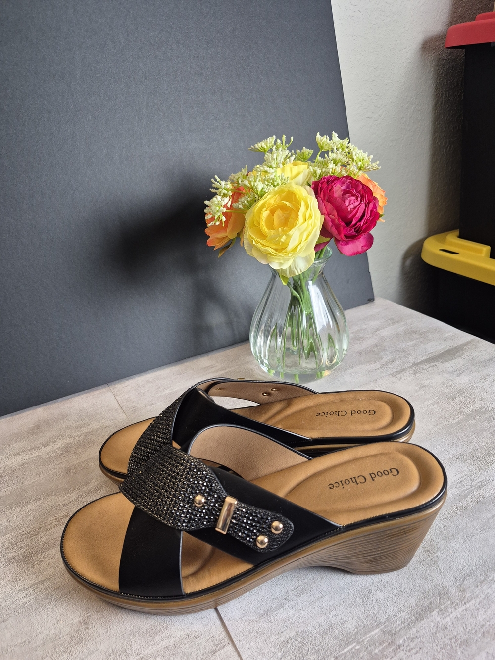 Good Chic Black Wedge Slide Sandals with Embellished Strap Size 9